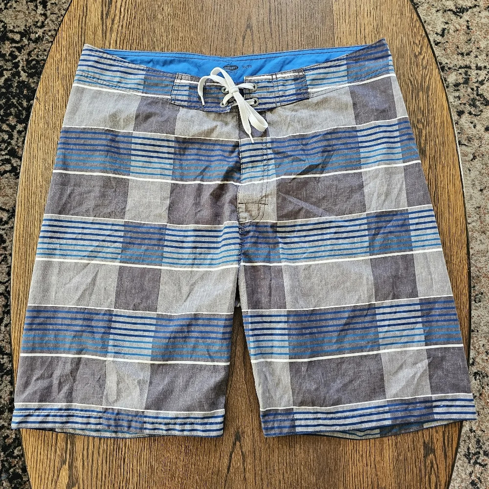Old Navy Blue Gray Plaid Stripe Board Swimming Shorts Size Men's XL